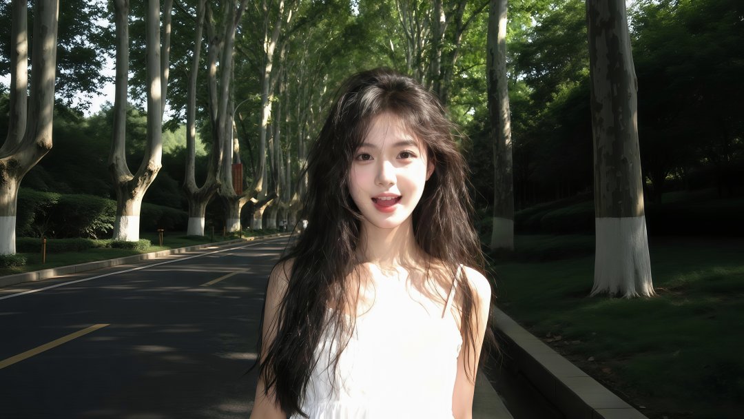 林荫道长发白裙女孩校园写真 3840×2160超清桌面背景