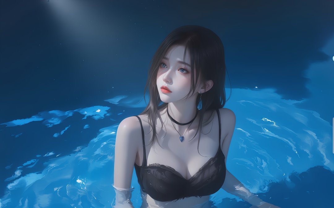 水中黑发清冷少女 蓝色调氛围感AI插画