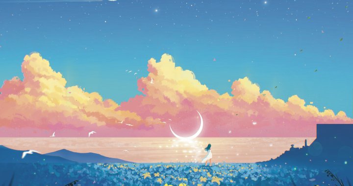 花海女孩海边弯月星空动漫电脑壁纸 粉云治愈二次元