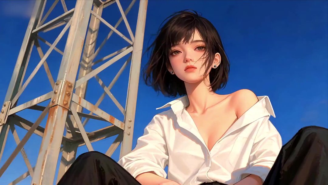 二次元现代风少女动态壁纸 短发白衬衫铁塔蓝天
