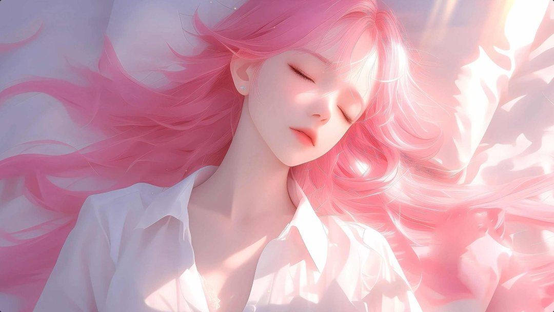 粉发闭眼少女电脑高清壁纸 温柔梦幻粉色二次元