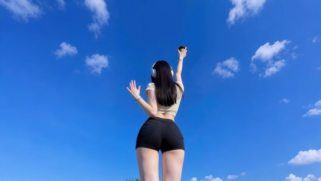 夏日晴空举杯美女4K壁纸 真人户外写真美腿