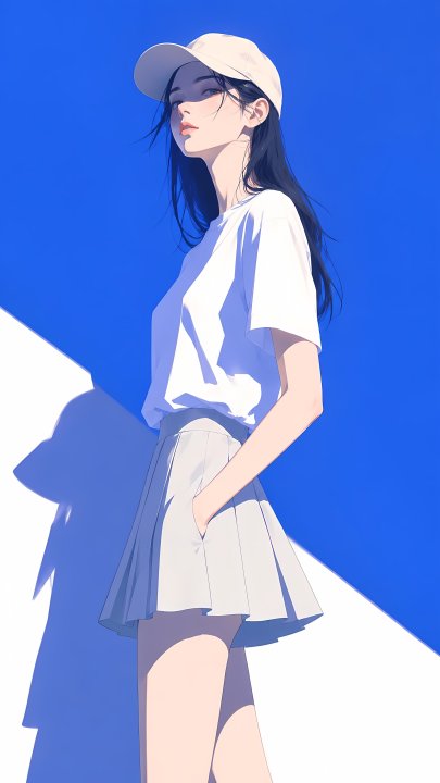 棒球帽插画女生手机壁纸 蓝色系简约清冷感高清壁纸下载