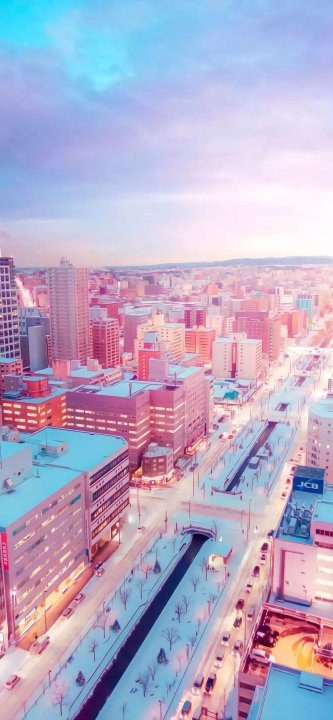 冬日雪景城市高清壁纸 粉调治愈街景