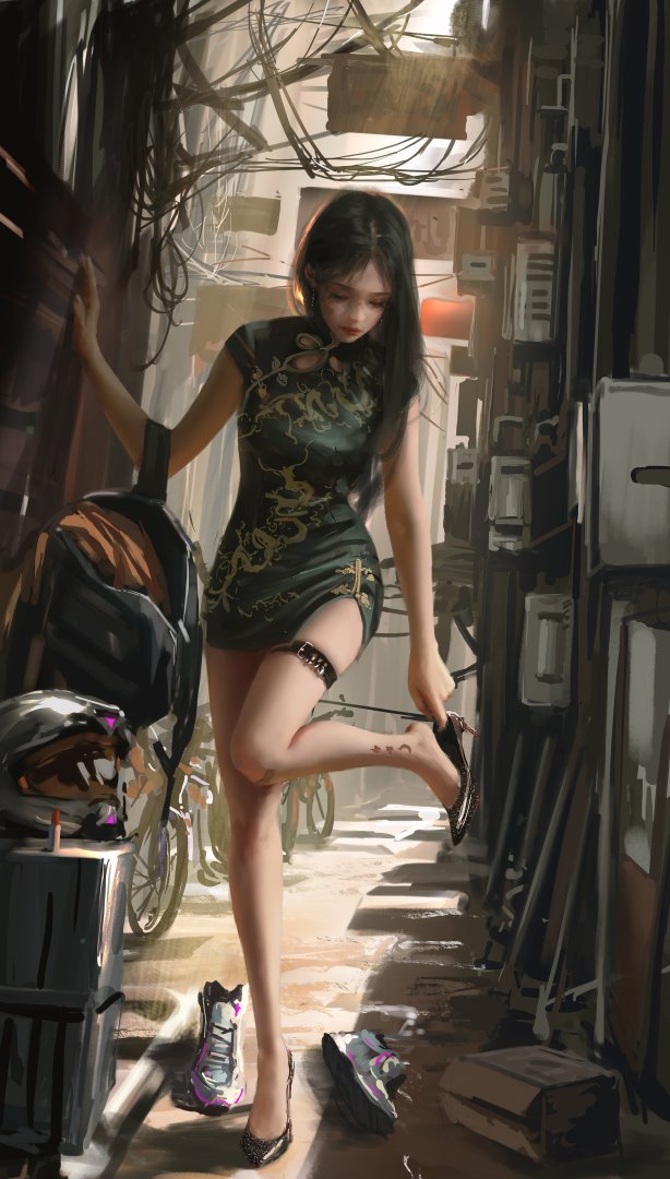 旗袍机车少女插画手机壁纸 国风赛博朋克暗黑氛围感高清下载