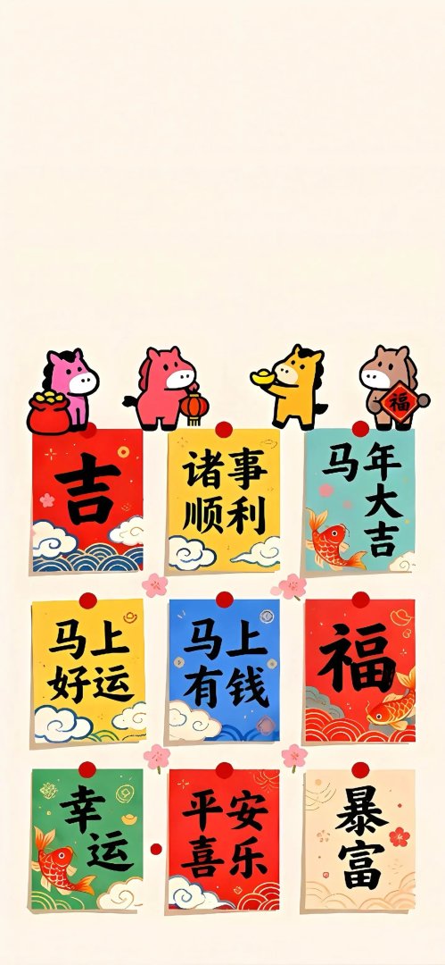 马年吉祥手机壁纸 卡通小马招财福字