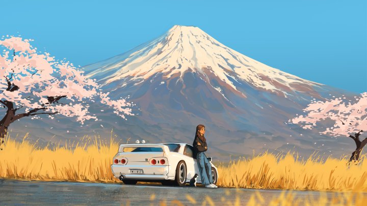 富士山樱花白色跑车女孩动漫电脑壁纸 日系治愈风景