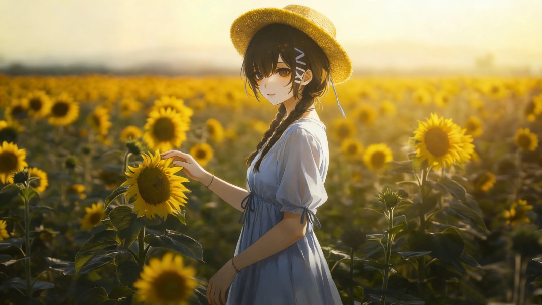 向日葵花海少女4K壁纸 草帽麻花辫蓝裙3840×2160夏日治愈桌面背景