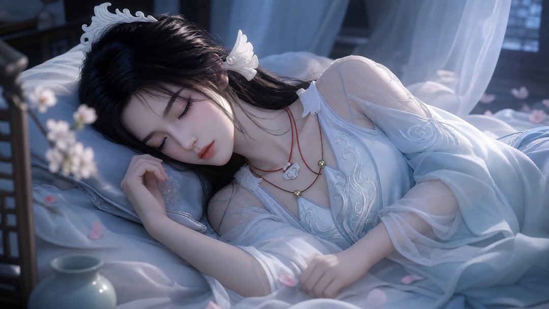 古风仙侠美女壁纸，侧卧安睡冰蓝古装仙女