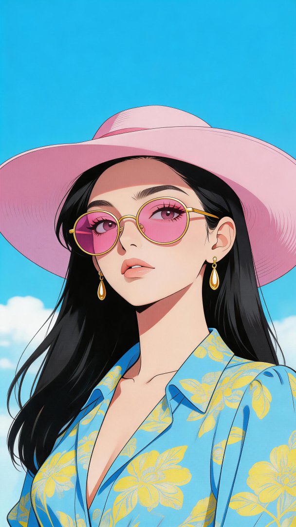 复古插画女生 粉色帽子墨镜夏日度假风