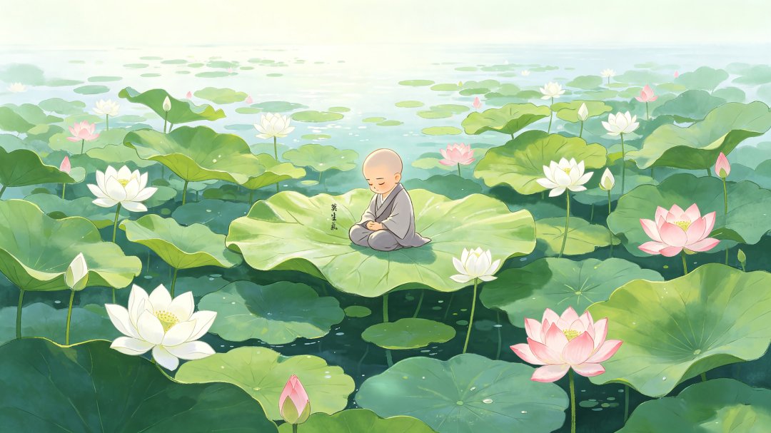 莫生气夏日荷塘打坐小沙弥壁纸 禅意国风治愈插画
