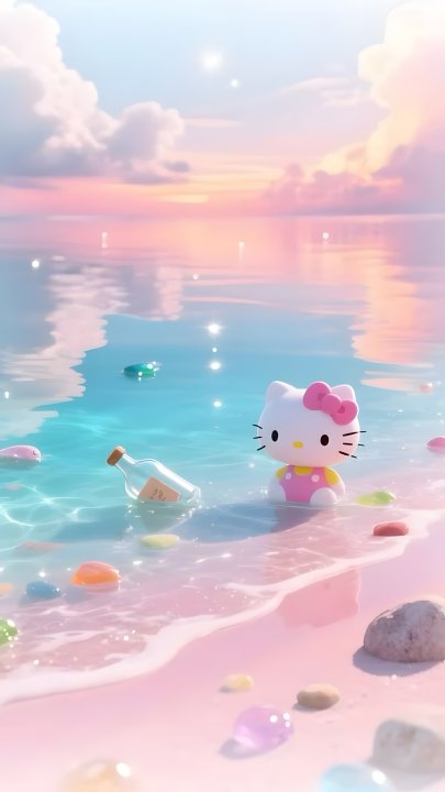 Hello Kitty 海边手机壁纸 粉色沙滩漂流瓶治愈系竖屏锁屏