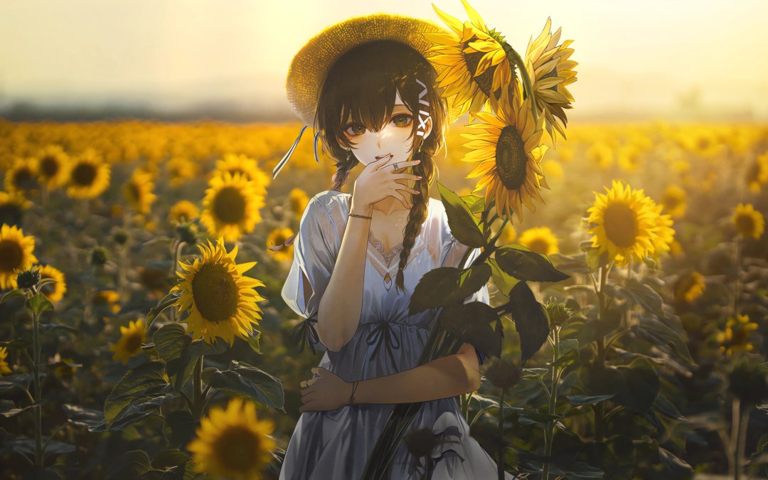 花海中草帽少女怀抱向日葵 3835×2397温柔桌面背景