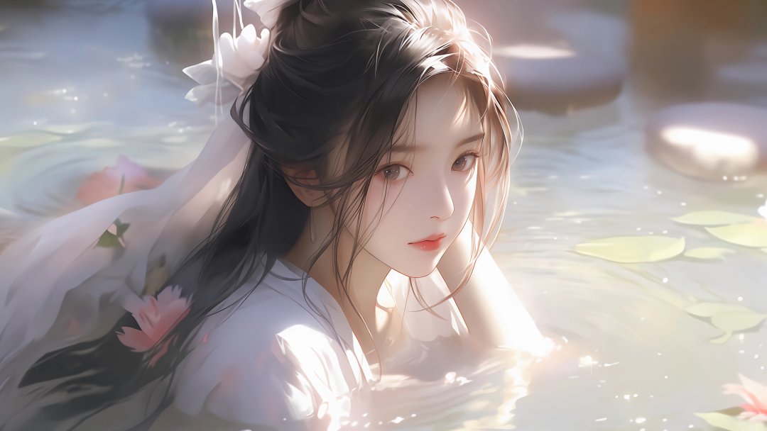 荷塘古风白衣少女电脑壁纸 仙气国风美人