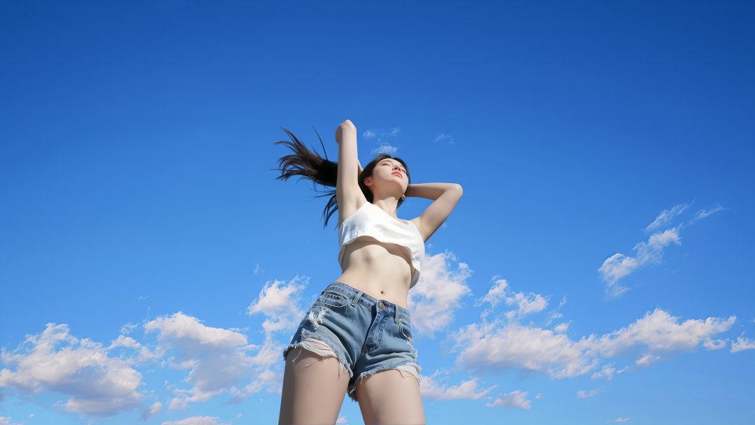 户外美女8K壁纸 蓝天白背心牛仔短裤8000×4500夏日清新桌面背景