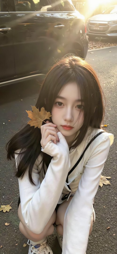 秋日街头少女手持枫叶