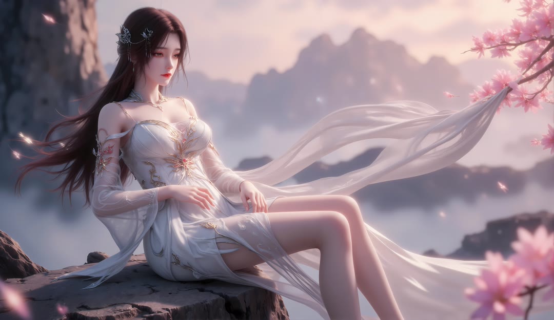 完美世界火灵儿9K壁纸 白衣仙裙云雾山水9400×5444超清桌面背景