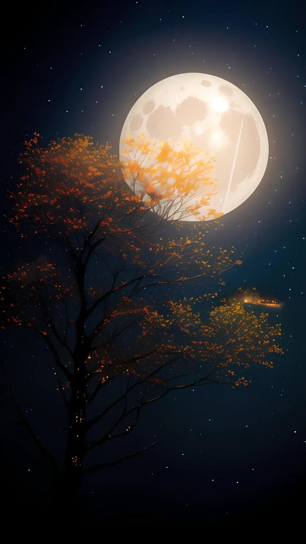 月夜秋树满月星空 治愈系插画手机壁纸