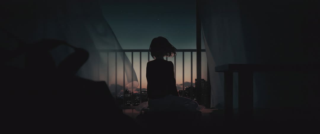 少女阳台背影城市黄昏 治愈系孤独氛围感