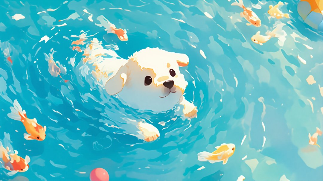 小狗游泳插画锦鲤水面可爱治愈2735×1533夏日清凉桌面背景