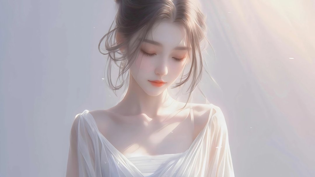 闭眼光束白衣少女电脑壁纸 温柔治愈氛围感二次元