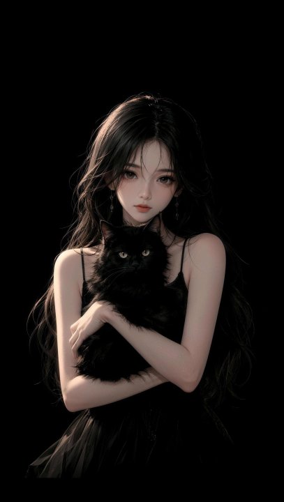 抱黑猫少女手机壁纸 暗黑系高级感氛围感高清壁纸下载
