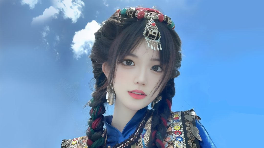 藏族美女4K壁纸 民族服饰编发人像3840×2160蓝天清新桌面背景