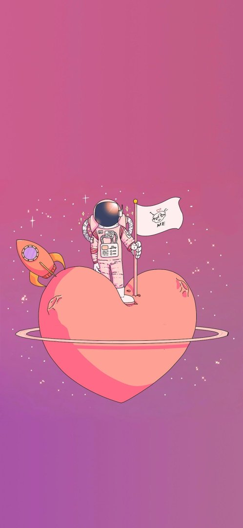 粉红心形星球宇航员太空浪漫卡通插画