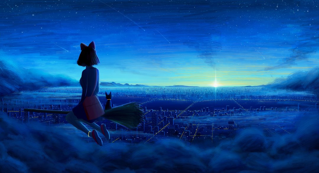 魔女宅急便琪琪 骑扫帚黑猫吉吉城市夜空