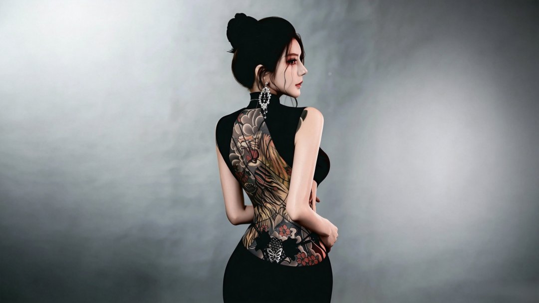 丸子头侧颜纹身美女壁纸 黑裙露背老虎纹身2848×1600高清桌面背景