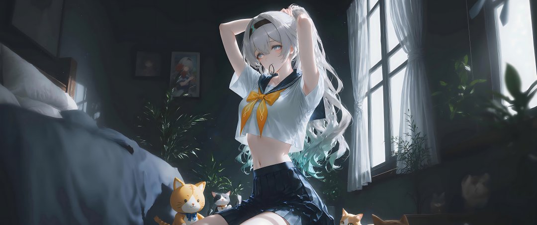 水手服白发少女猫咪带鱼屏壁纸6880×2880超宽高清壁纸