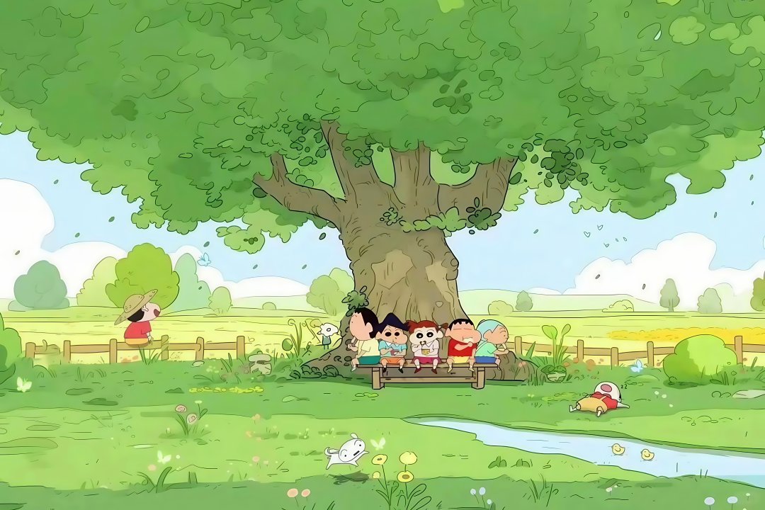 蜡笔小新夏日树荫5K壁纸 伙伴乘凉草地小溪7500×5000高清电脑壁纸