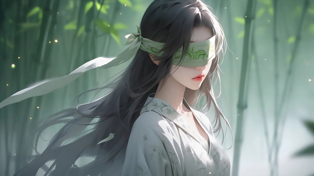 古风蒙眼女子4K壁纸 绿龙纹发带竹林仙气