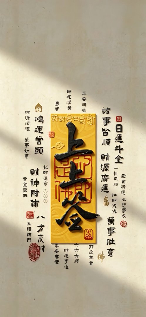 上上签国风祈福手机壁纸 黄底书法吉祥语884×1920竖屏高清壁纸