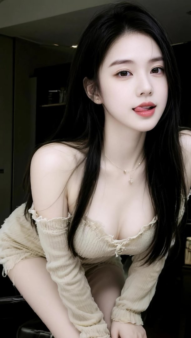 室内优雅美女写真手机壁纸 米色露肩针织长发