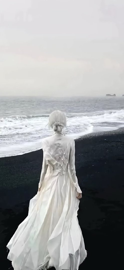 白发女生黑沙滩背影 黑白灰调孤寂884×1920竖屏高清壁纸