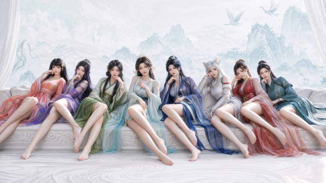 八位古装仙女群像4K壁纸 水墨飞鹤仙气3840×2160高清电脑壁纸