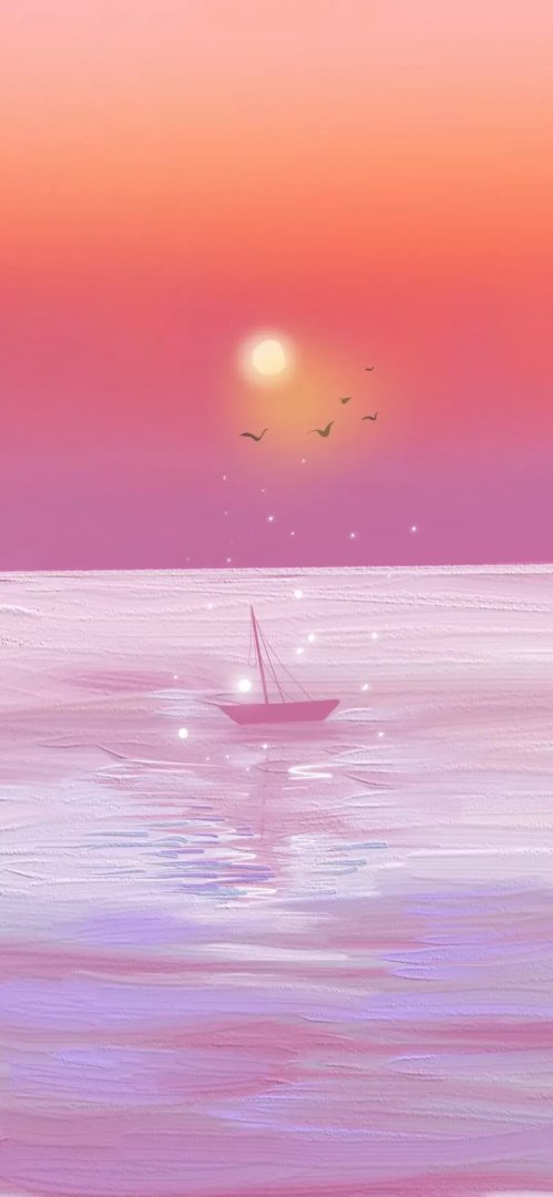 粉紫海面帆船油画手机壁纸 日落飞鸟梦幻插画