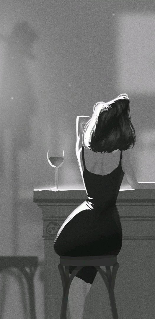 吊带裙背影黑白插画手机壁纸 红酒高脚凳氛围感