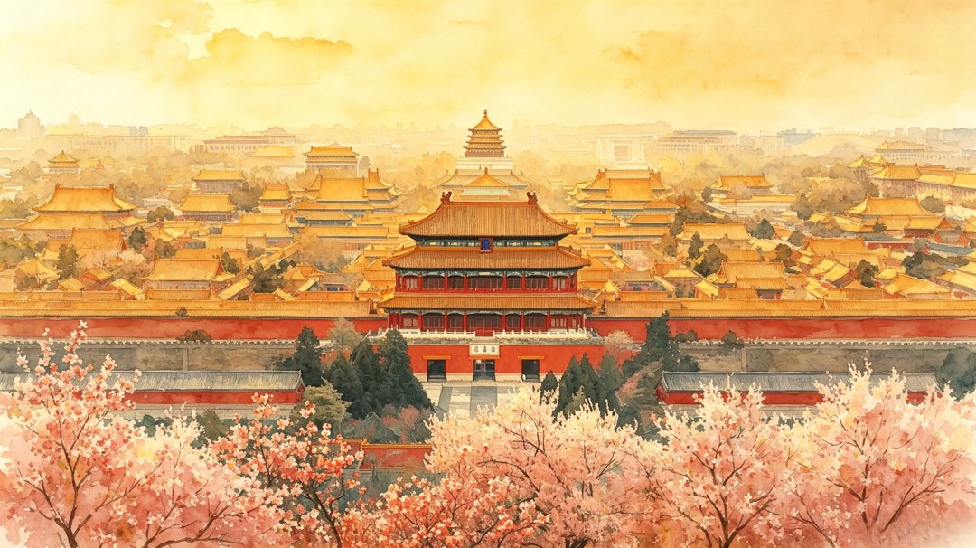 水彩故宫樱花 北京红墙黄瓦古风2732×1534高清电脑壁纸