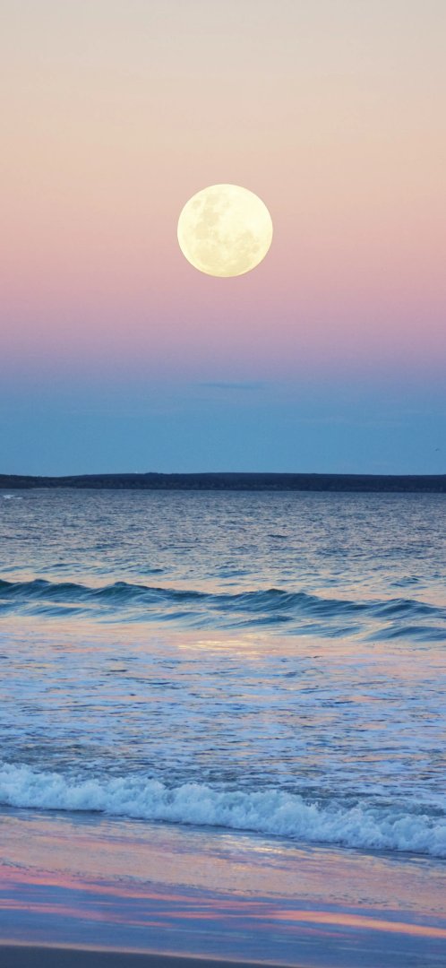 海边圆月夜景手机壁纸 粉蓝渐变月光海面2160×4680竖屏 4K高清壁纸