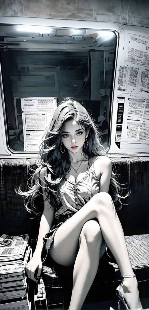 地铁美女漫画风手机壁纸 黑白灰调复古都市
