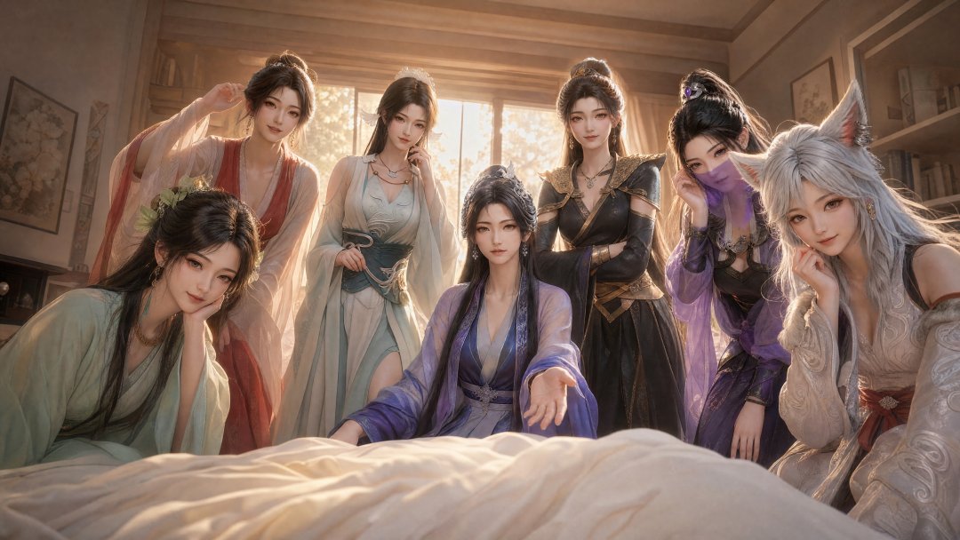 七位女仙床前群像4K壁纸 古风后宫暖光3840×2160高清桌面背景