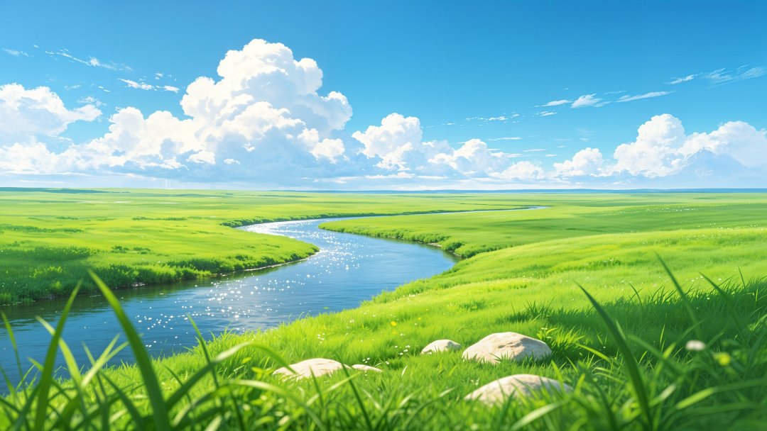 旷野晴空河流4K风景壁纸 宫崎骏风草原治愈3840×2160高清桌面背景