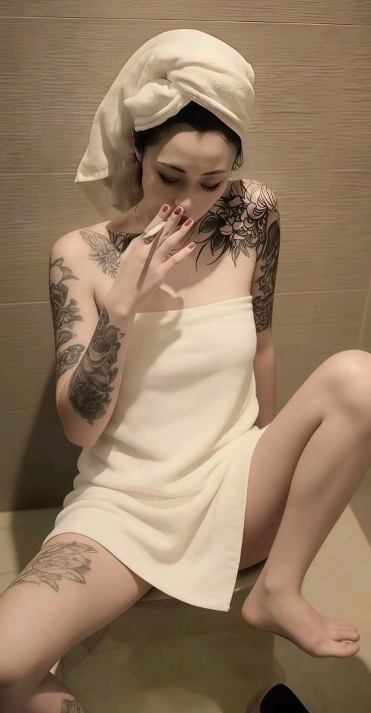 毛巾头花臂纹身美女坐在浴室马桶上抽烟手机壁纸