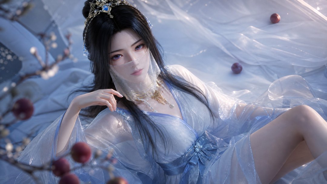凡人修仙传紫灵4K壁纸 蓝色纱裙面纱古风美女