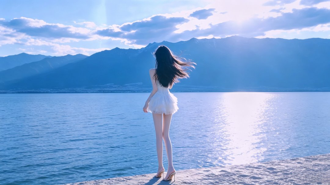 白衣少女湖边背影 湛蓝湖面远山治愈2848×1600高清电脑壁纸