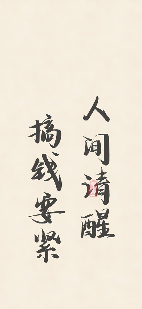 人间清醒搞钱要紧手机壁纸 毛笔书法宣纸884×1920竖屏高清壁纸