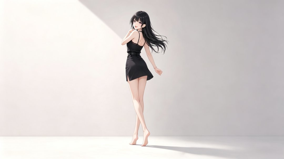 二次元少女光影 黑长直吊带裙回头微笑2732×1534高清桌面背景