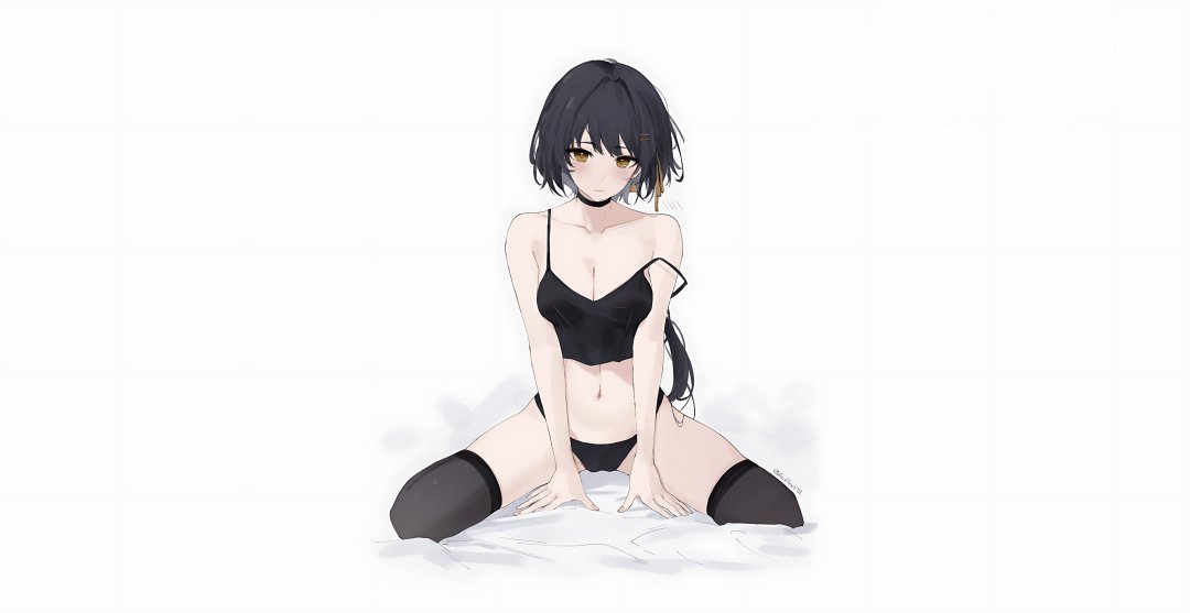 鸣潮女漂泊者壁纸 黑短发黑内衣床上3840×1980高清桌面背景